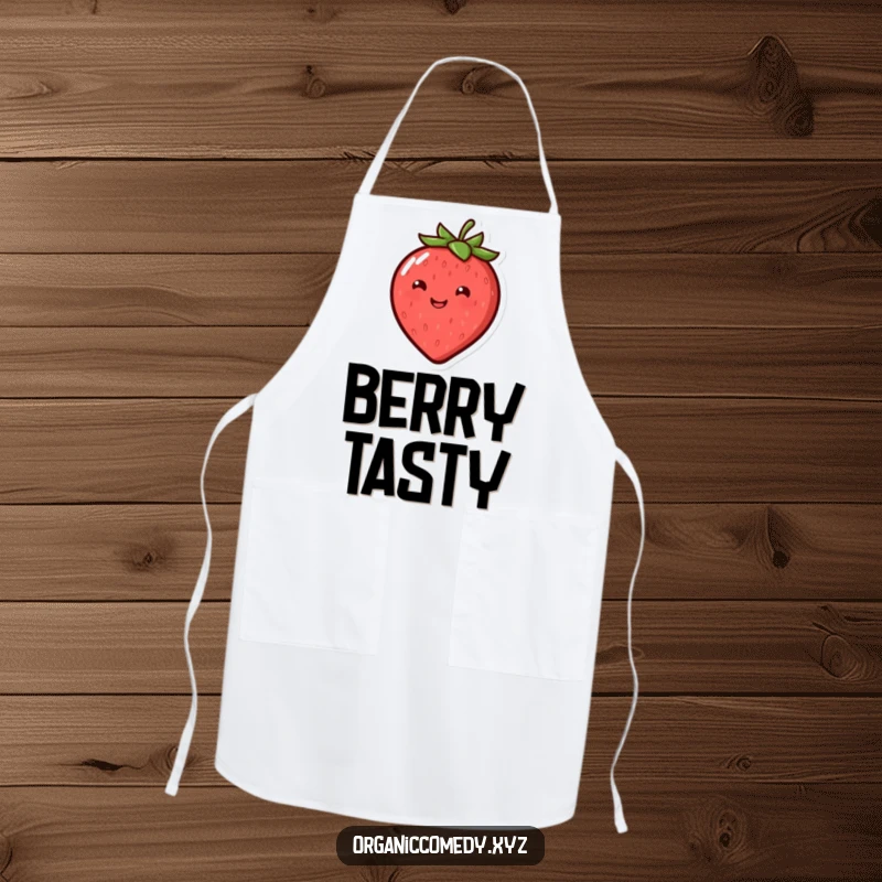 Funny, round, smiling strawberry character joyfully bouncing, designed for a humorous kitchen apron.