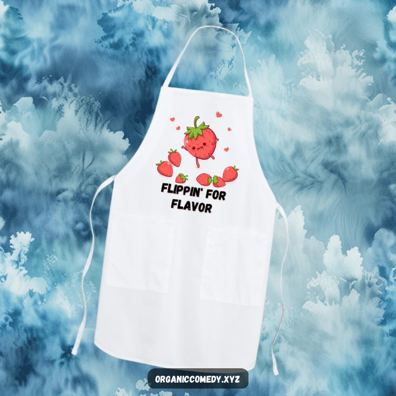 Funny strawberry character with tiny legs performing a somersault, printed on a durable apron for kitchen fun and protection.
