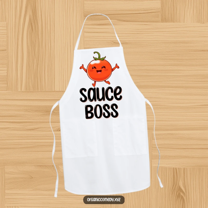 Funny, plump, cheerful tomato character joyfully leaping mid-air, designed for a humorous kitchen apron.