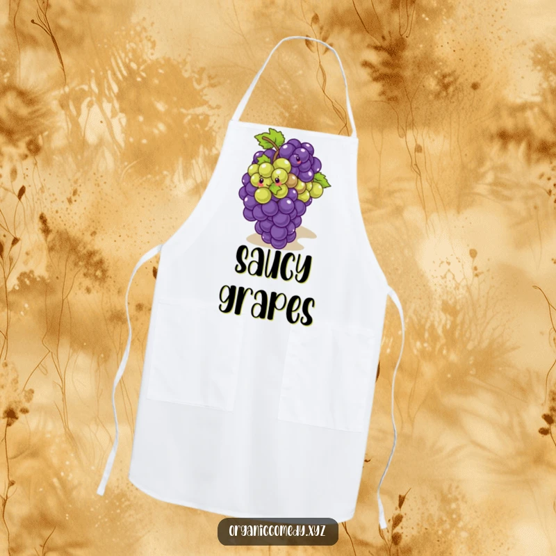 Funny, giggling bunch of grapes with small eyes playfully tumbling down a slope, designed for a humorous kitchen apron.