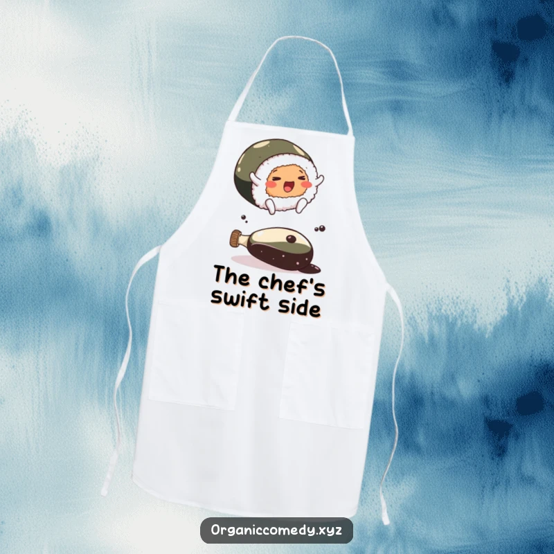 Funny cheerful sushi roll with tiny feet leaping over a giant soy sauce bottle, a humorous and practical cooking apron.