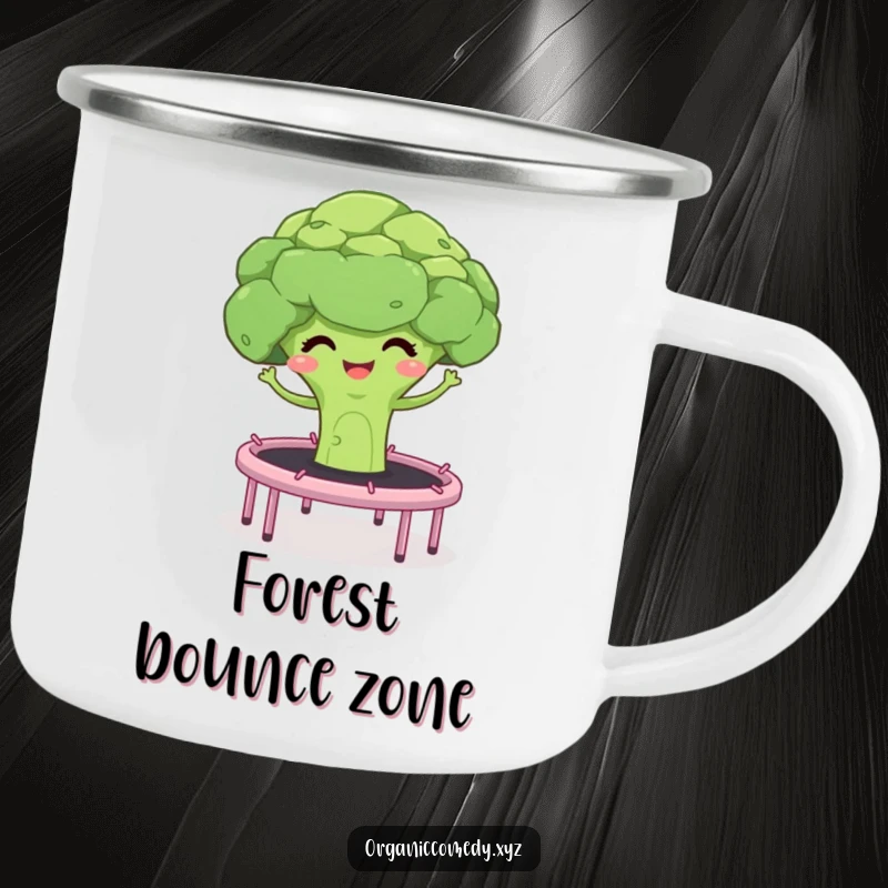 Funny camping mug with a giggling broccoli floret and stalks bouncing on a trampoline, durable and humorous drinkware.