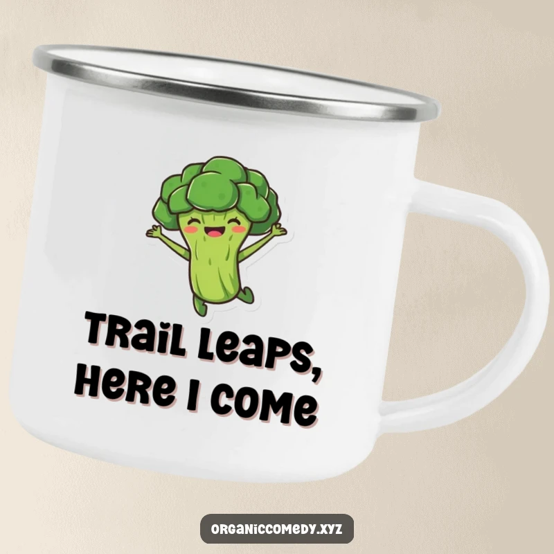 Funny, stubby broccoli character joyfully leaping mid-air, featured on a durable camping mug, ready for the great outdoors.