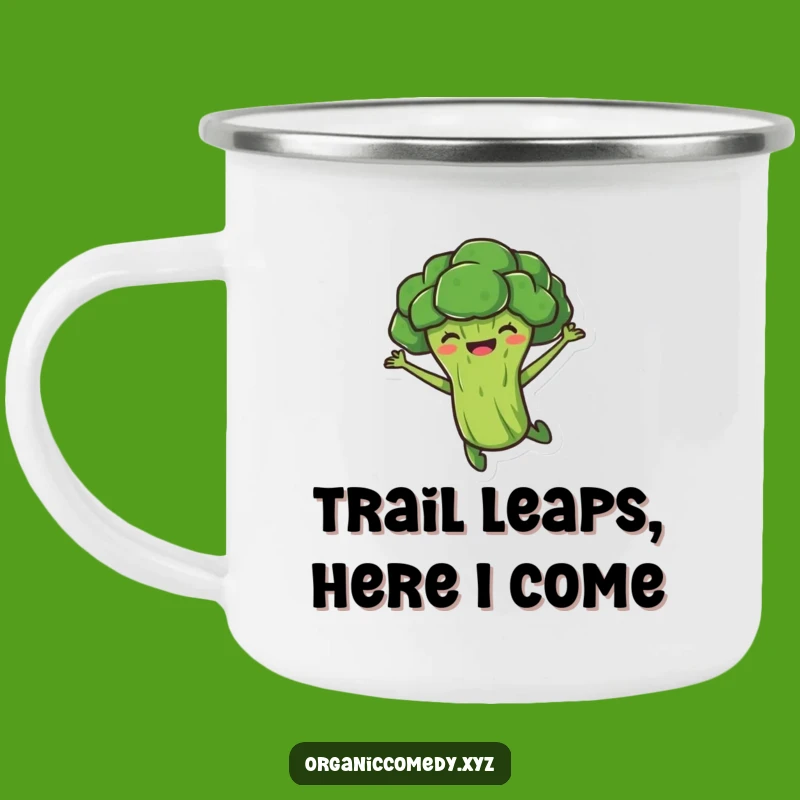 Funny Broccoli Leap Camping Mug - Rugged Veggie Cartoon Drinkware Gift