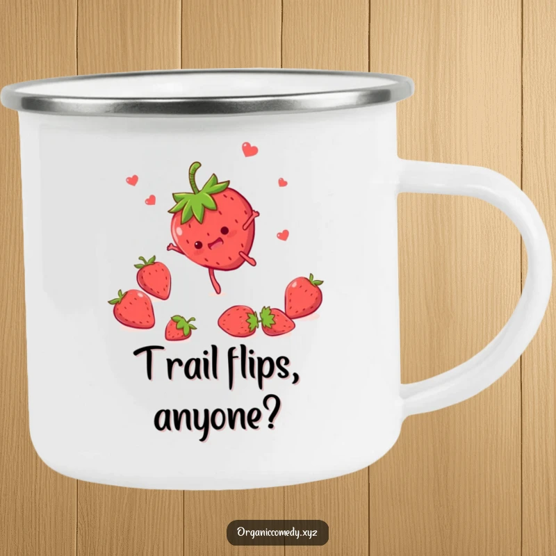 Funny strawberry character with tiny legs doing a somersault, featured on a durable camping mug, ready for any adventure.