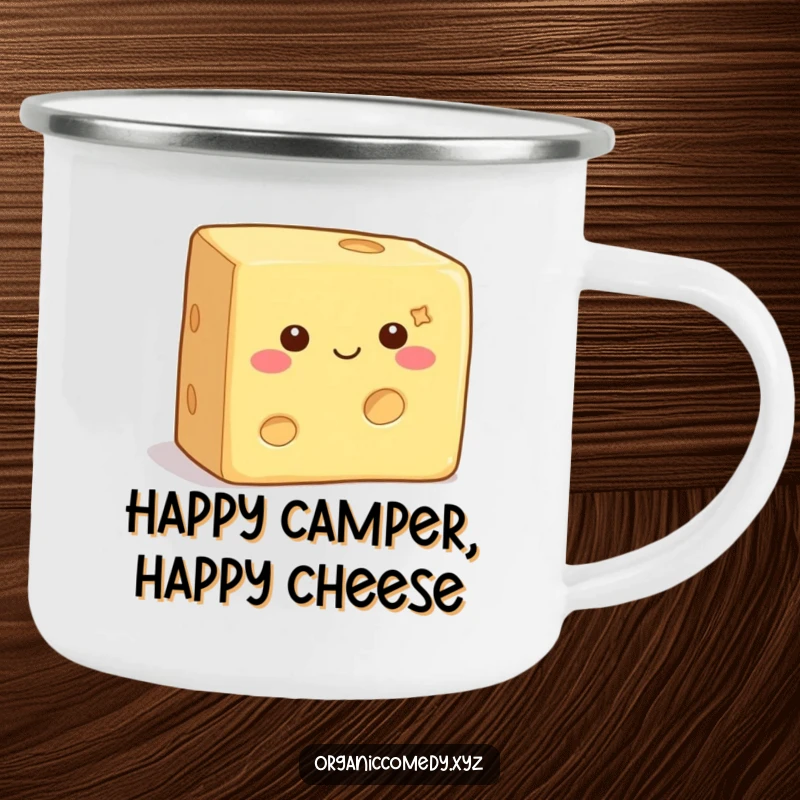 Funny Camping Mug featuring a square, contented cheese block with tiny eyes, wiggling happily, ready for outdoor fun.