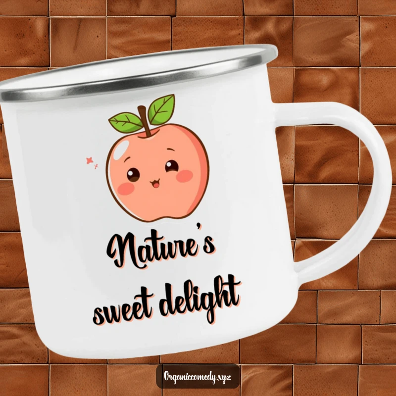 Funny Camping Mug with a blushing apple character, simple eyes, spinning excitedly, ready for outdoor fun.