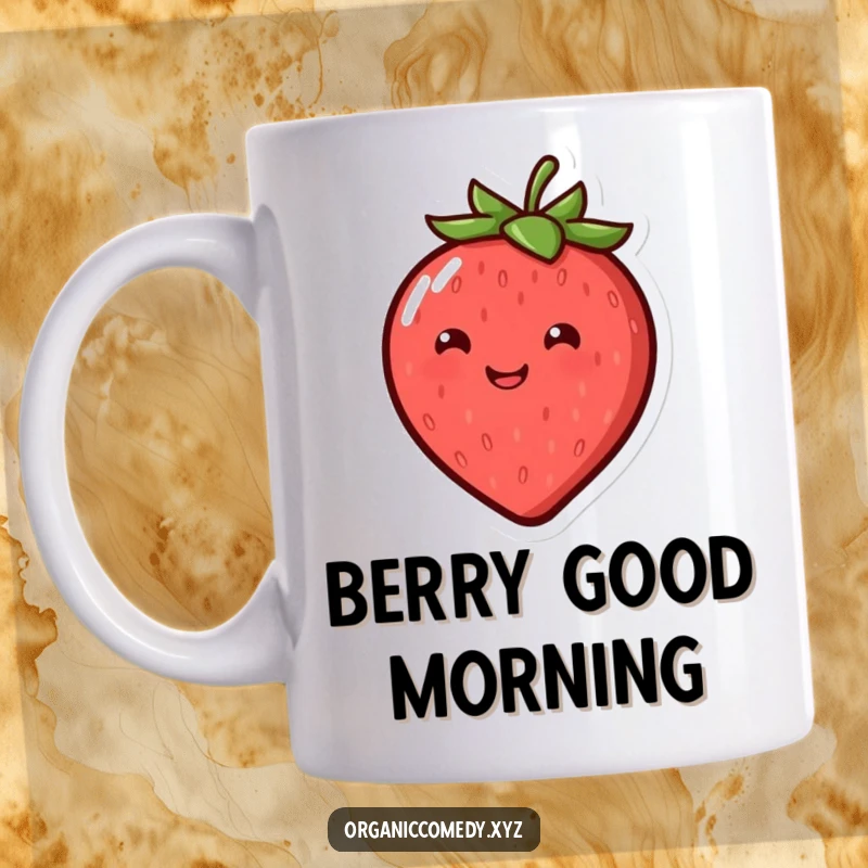 Funny, round, smiling strawberry character with dot eyes joyfully bouncing on a mug.
