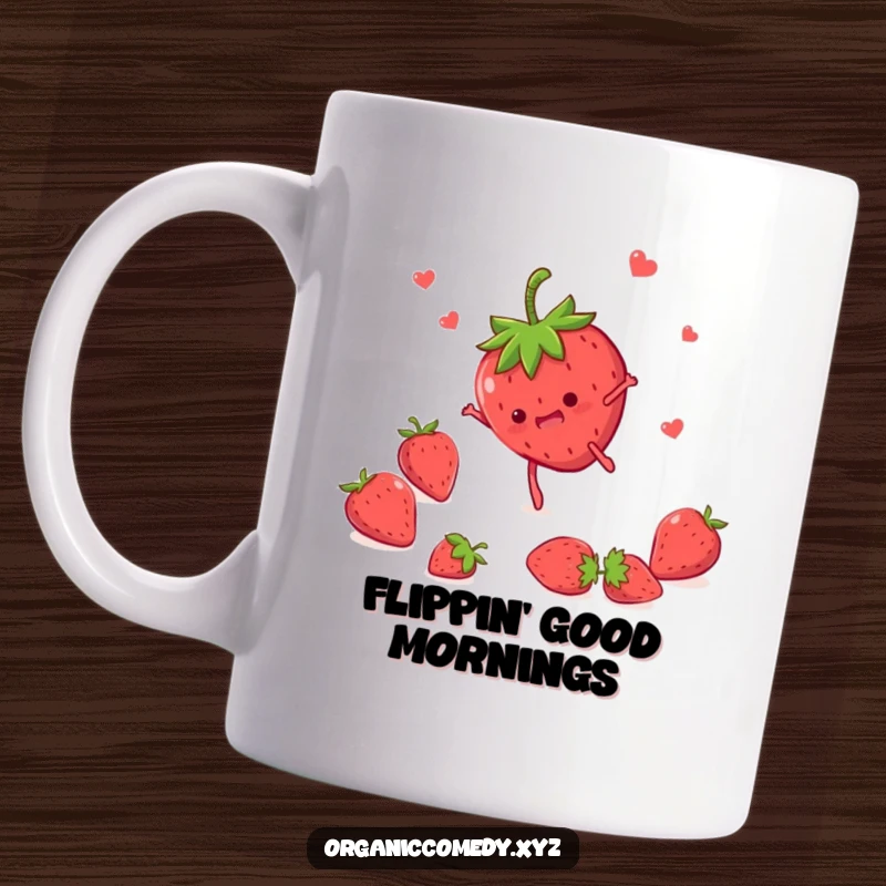 Funny strawberry character with tiny legs doing a somersault, captured in a dynamic and humorous pose on a mug.