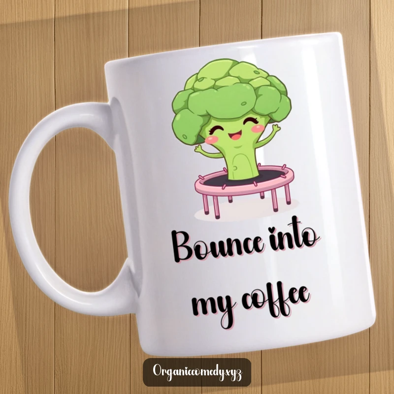 Funny mug with a giggling broccoli floret and stalks bouncing energetically on a trampoline, a vibrant and cheerful veggie.