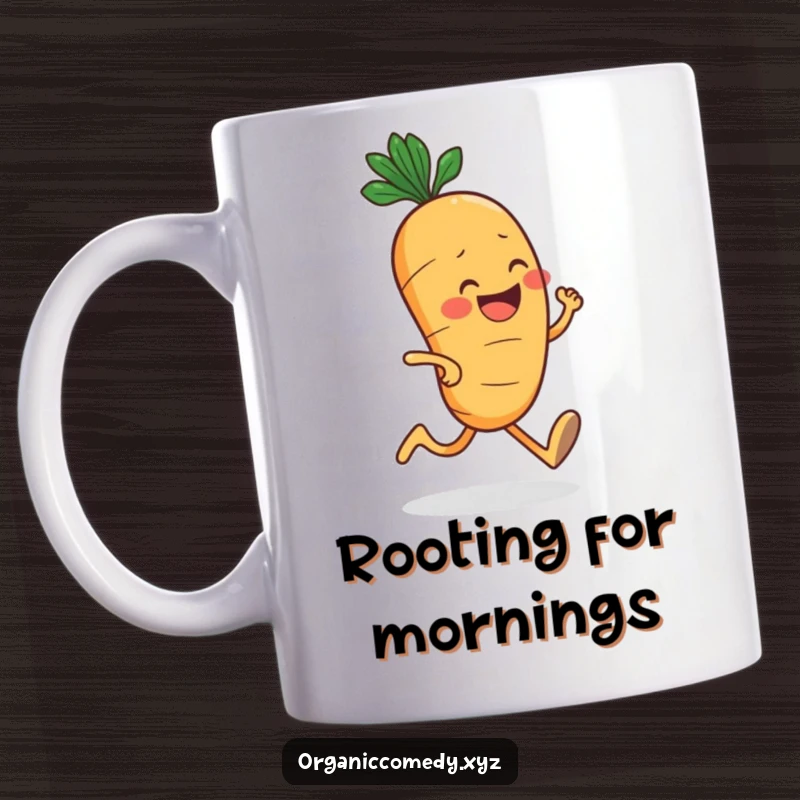 Funny, round carrot character with a big grin jogging enthusiastically, featured on a cheerful mug.