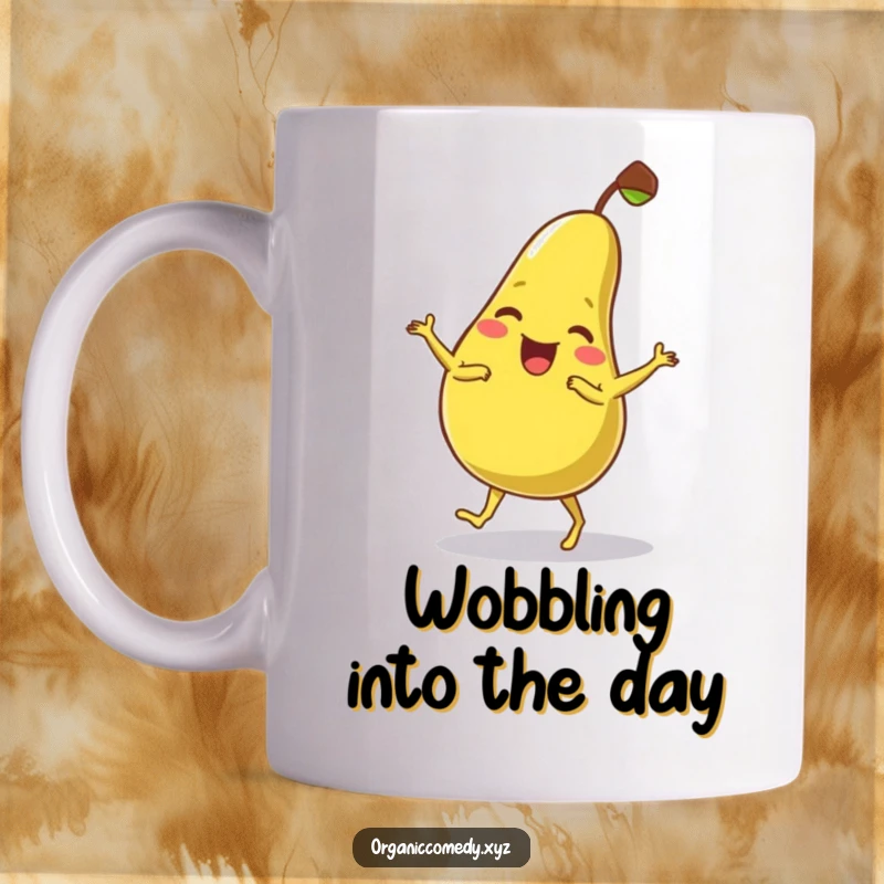 Funny, wobbly pear character giggling while attempting a clumsy dance move, captured on a fun mug.