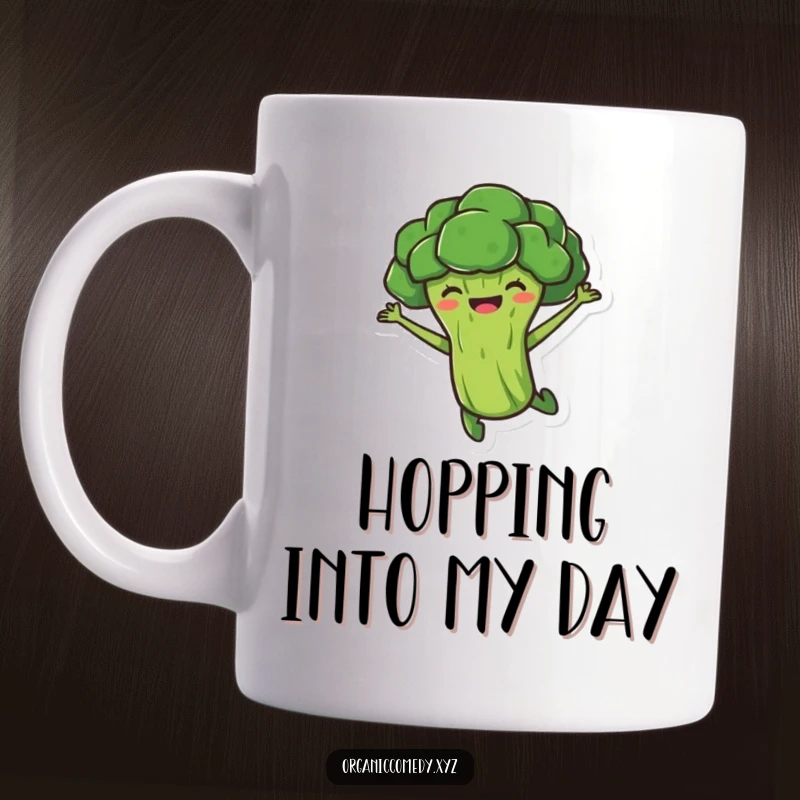 Funny, stubby broccoli character joyfully leaping mid-air, captured in motion on a fun mug.