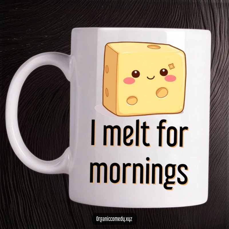 Funny Cheese Mug featuring a square, contented cheese block with tiny eyes wiggling happily, spreading joy and laughter.
