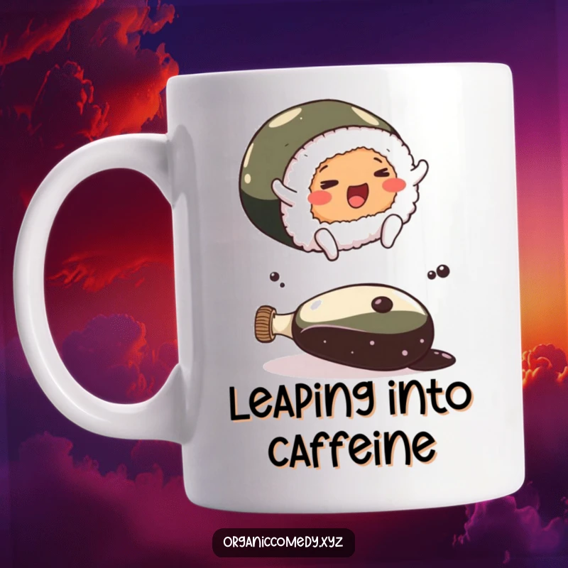 Funny cheerful sushi roll with tiny feet joyfully leaping over a giant soy sauce bottle, conveying high energy.