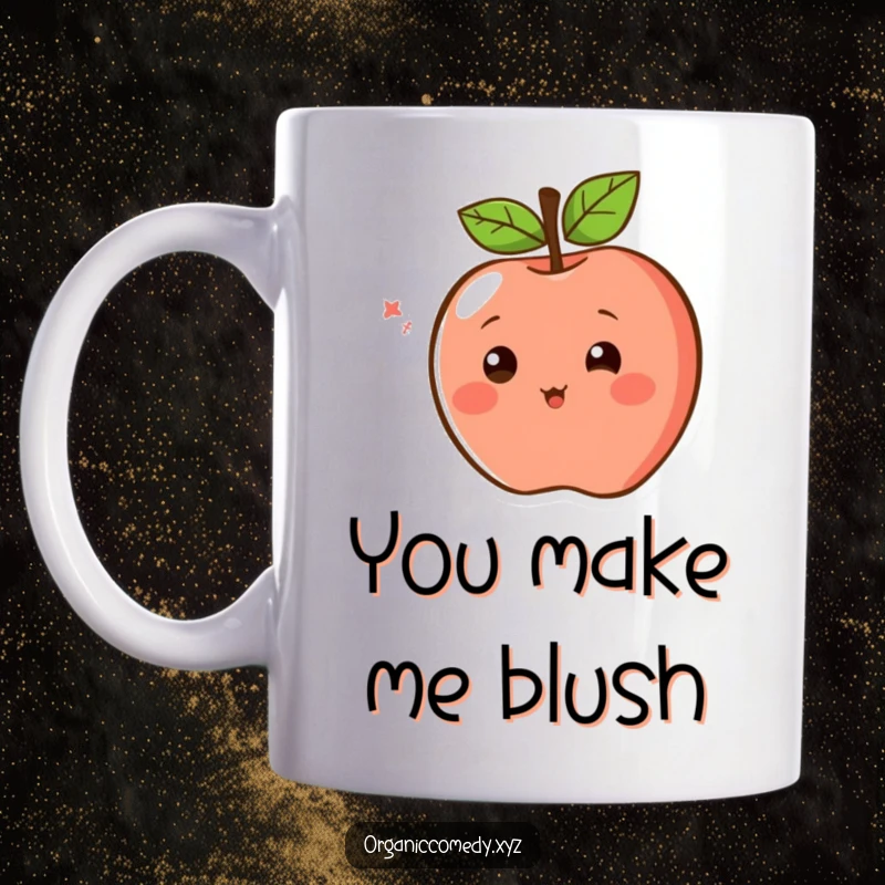 Funny Apple Mug featuring a blushing apple character with simple eyes spinning excitedly, radiating pure, fruity joy.