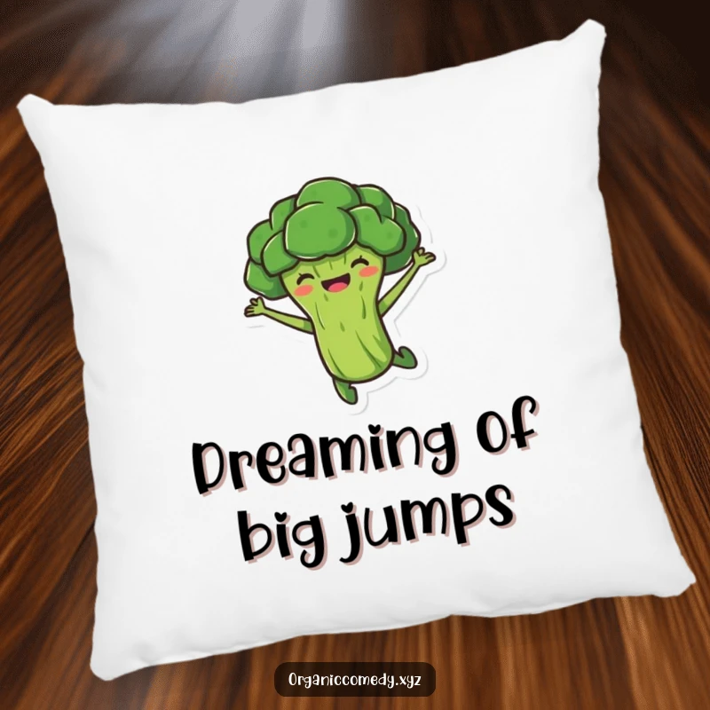 Funny, stubby broccoli character joyfully leaping mid-air, featured on a soft and plush pillow for ultimate comfort.