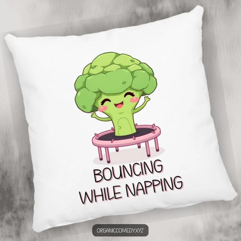 Funny pillow featuring a giggling broccoli floret and stalks bouncing on a trampoline, soft and humorous decorative item.