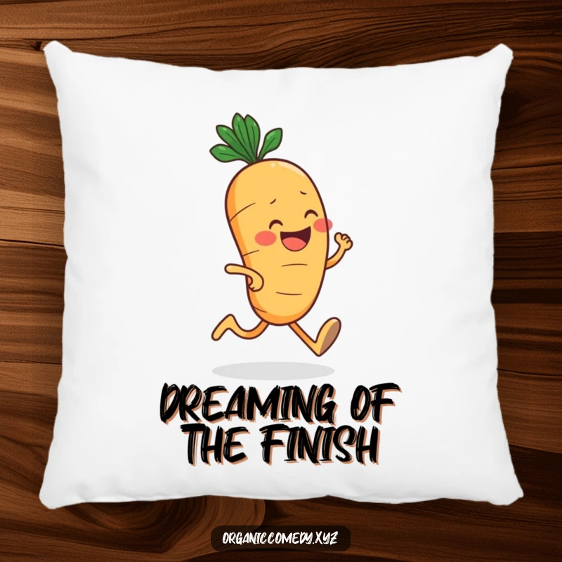 Funny, round carrot character with a big grin jogging enthusiastically, featured on a soft and plush pillow.