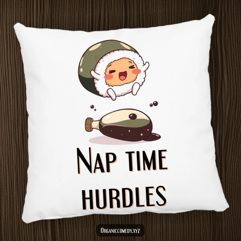 Funny sushi roll character with small feet leaping over a large soy sauce bottle, a soft and humorous cushion.