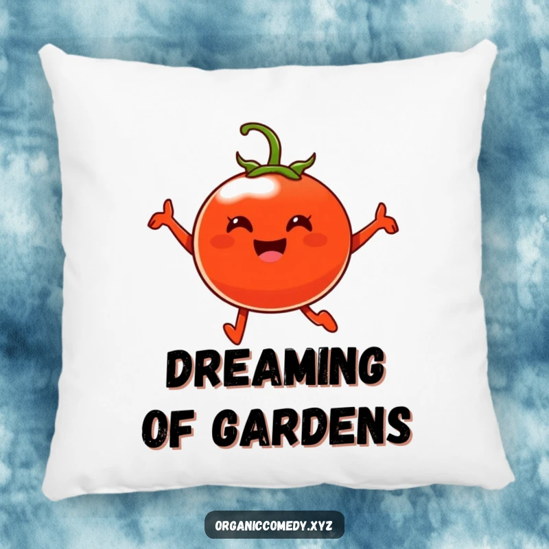 Funny, plump, cheerful tomato character happily leaping mid-air, featured on a soft and humorous decorative pillow.