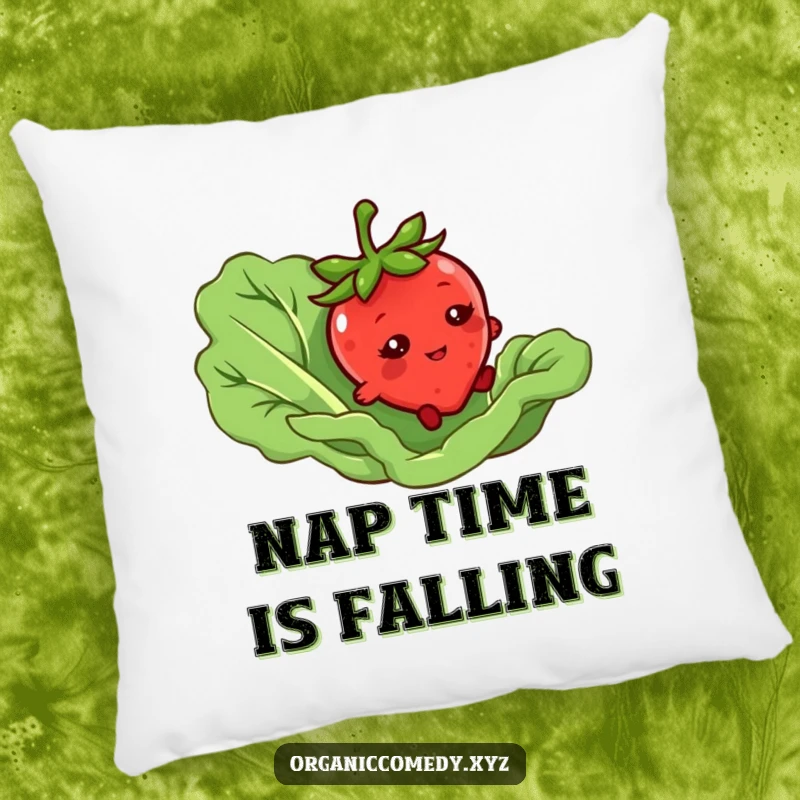 Funny pillow with a bashful strawberry character tripping over a giant lettuce leaf, a soft and humorous home decor item.