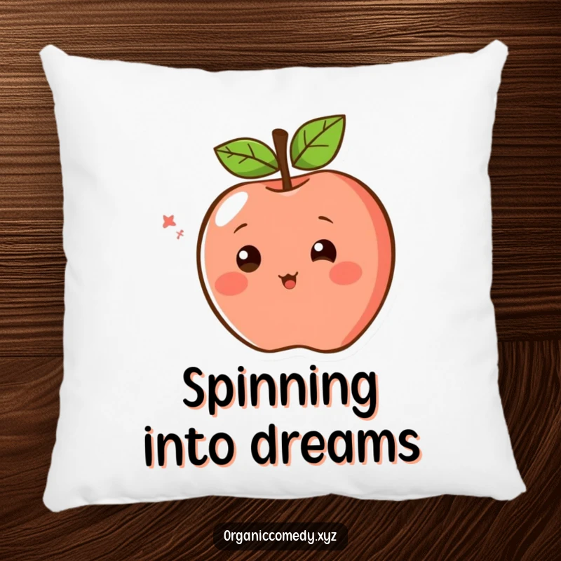 Funny Pillow showcasing a blushing apple character with simple eyes, spinning excitedly, adding cute comfort to any room.