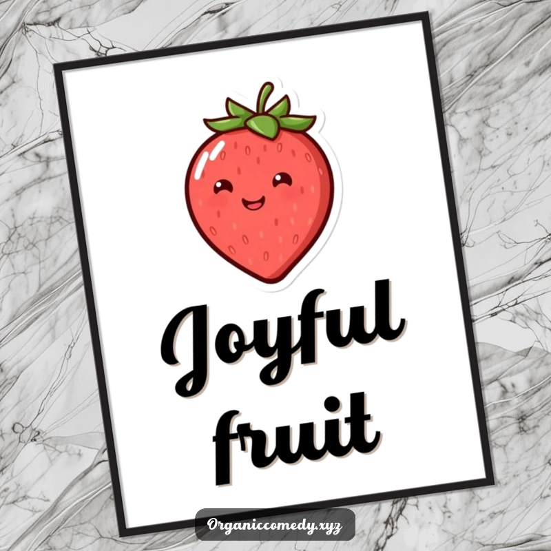 Funny, round, smiling strawberry character joyfully bouncing, digital art print.