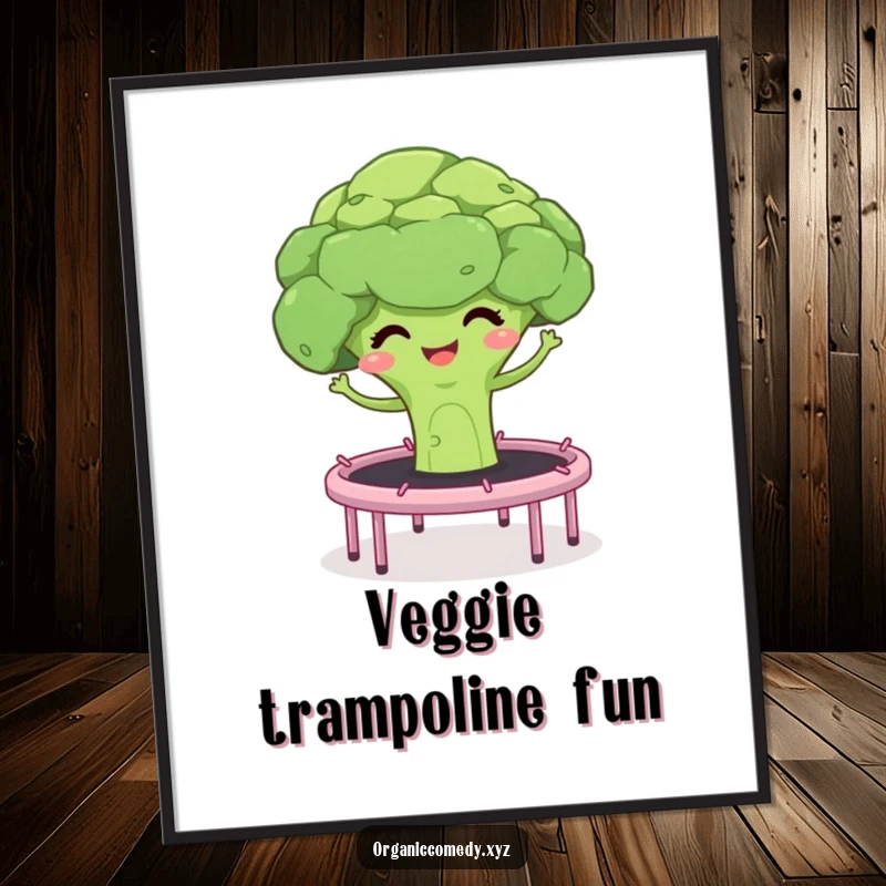 Funny digital art print of a giggling broccoli floret and stalks bouncing on a trampoline, colorful and humorous illustration.