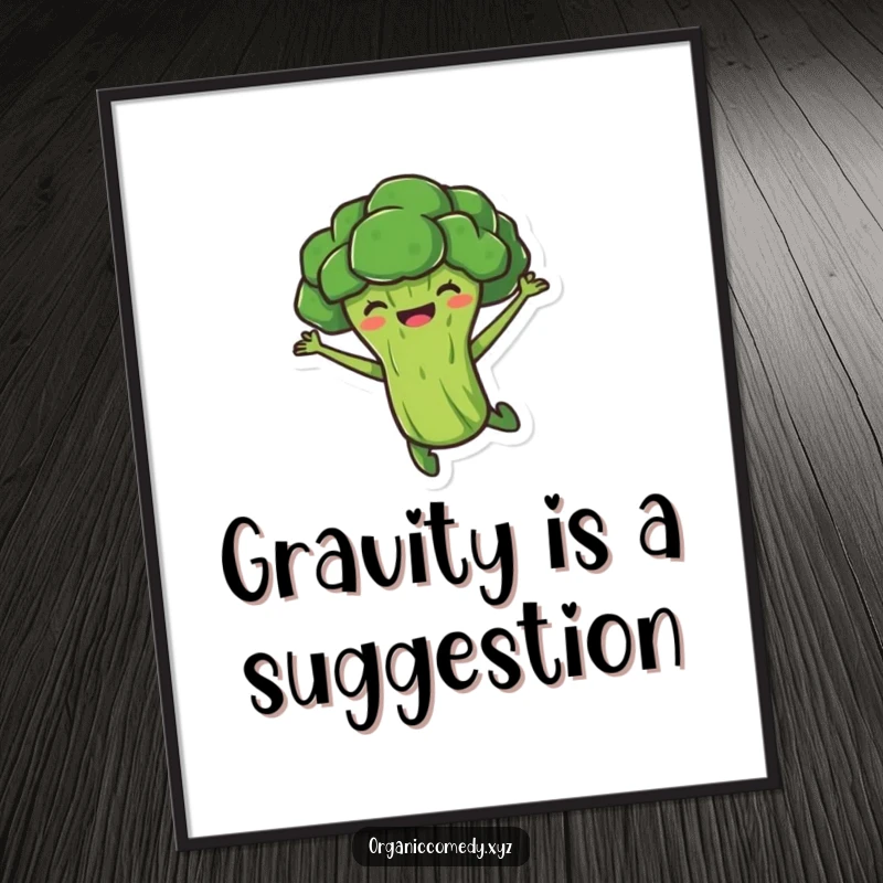 Funny, stubby broccoli character joyfully leaping mid-air, available as a downloadable digital art print for your enjoyment.