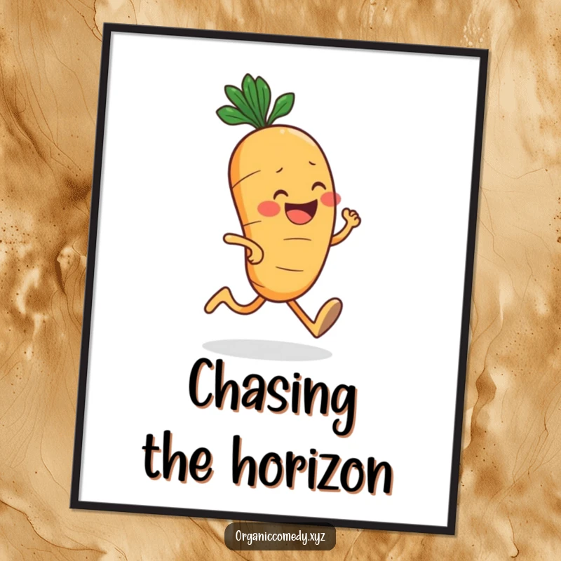 Funny, round carrot character with a big grin jogging enthusiastically, available as a downloadable digital art print.