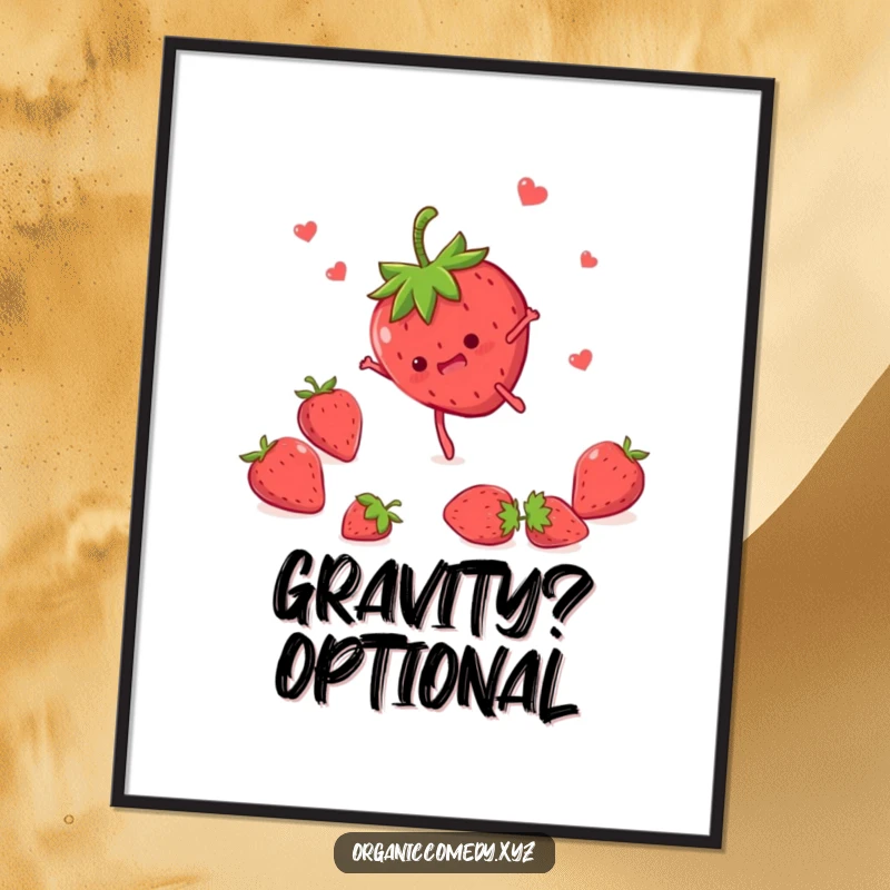 Funny strawberry character with tiny legs performing a spectacular somersault, available as a downloadable digital art print.