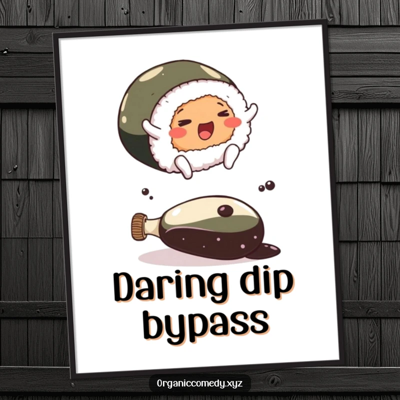 Funny cheerful sushi roll with tiny feet leaping over a giant soy sauce bottle, vibrant and humorous digital art.