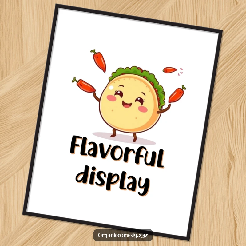 Funny smiling taco character with small legs joyfully juggling colorful chili peppers, vibrant and humorous digital art.