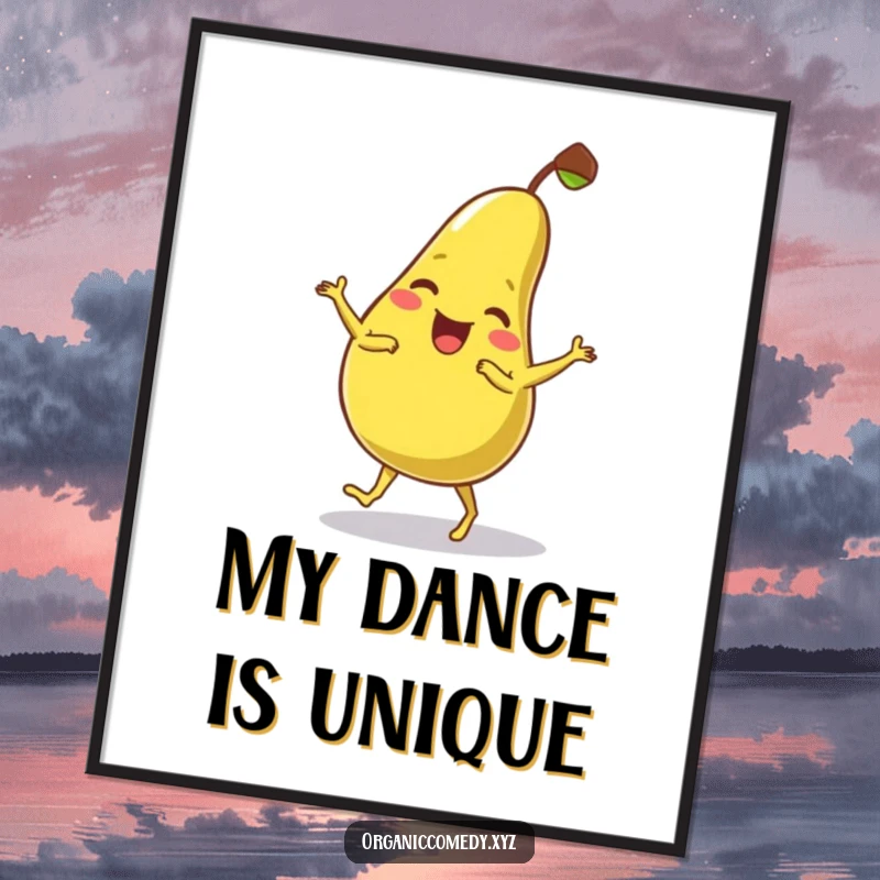 Funny, wobbly pear character giggling while attempting a clumsy dance move, available as a downloadable digital art print.