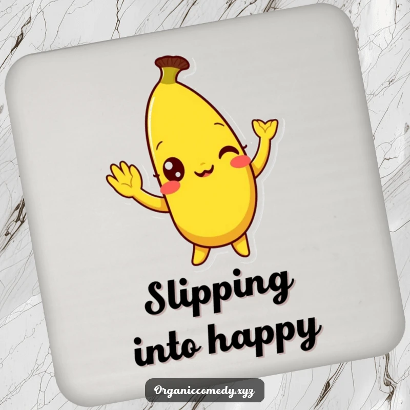 Funny, bright yellow banana character with eyes wide with mirth doing a silly wave, acting as a humorous and protective drink coaster.