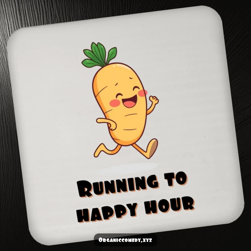 Funny, round carrot character with a big grin jogging enthusiastically, acting as a humorous and protective drink coaster.