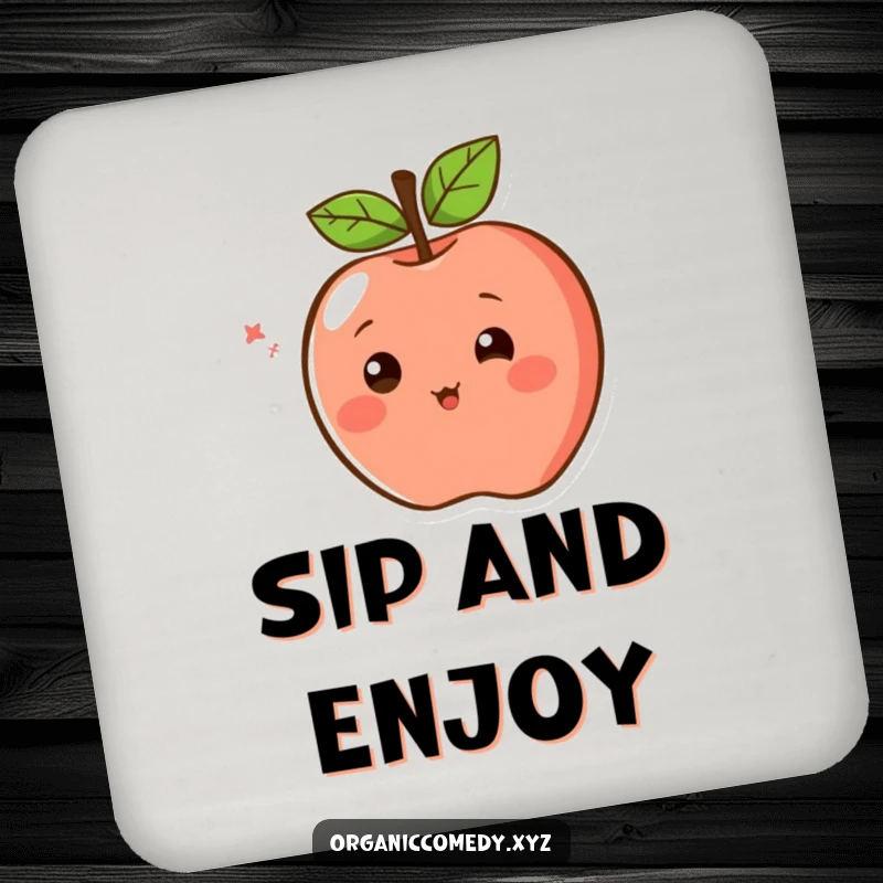 Funny Coaster showcasing a blushing apple character with simple eyes, spinning excitedly, adding a touch of fun.