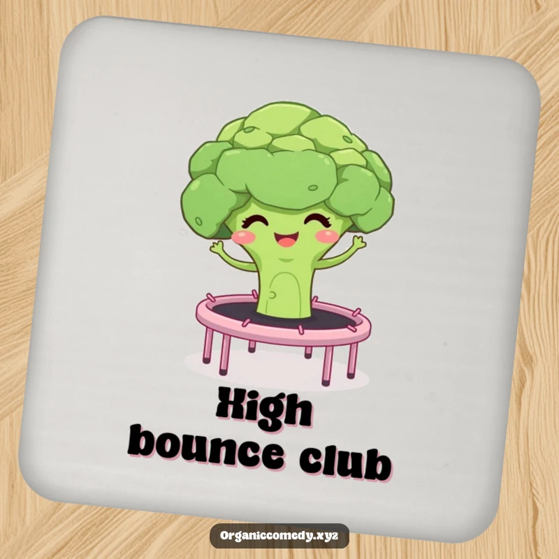Funny coaster featuring a giggling broccoli floret and stalks bouncing on a trampoline, a humorous and functional accessory.