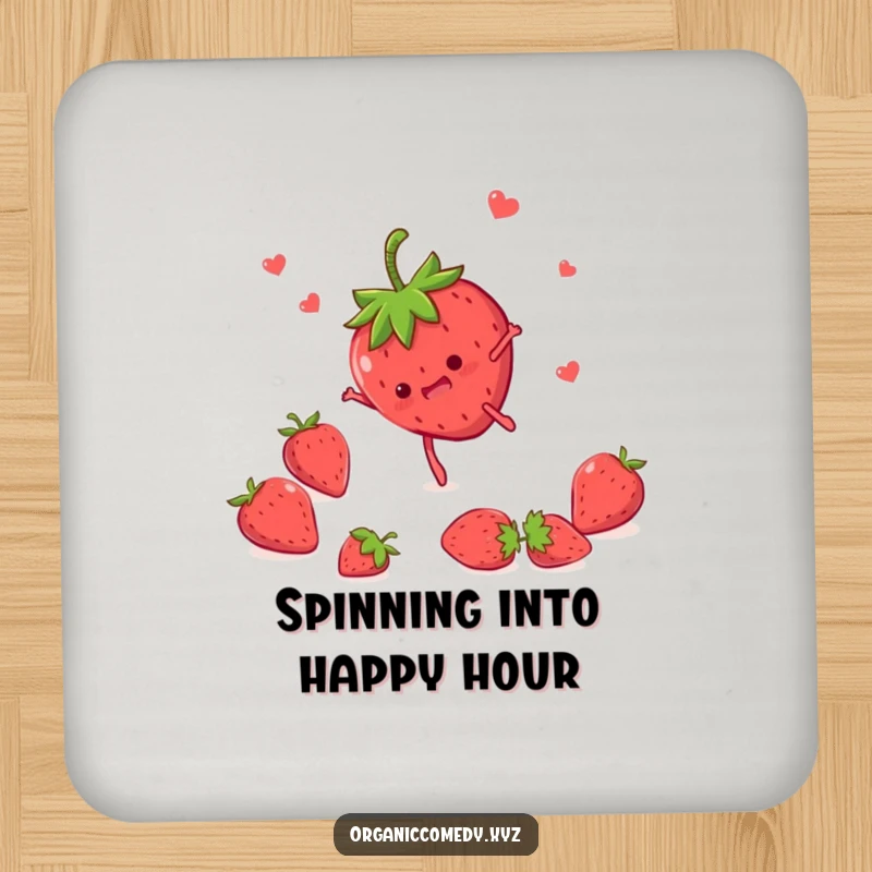 Funny strawberry character with tiny legs doing a somersault, adding a humorous touch as a protective drink coaster.