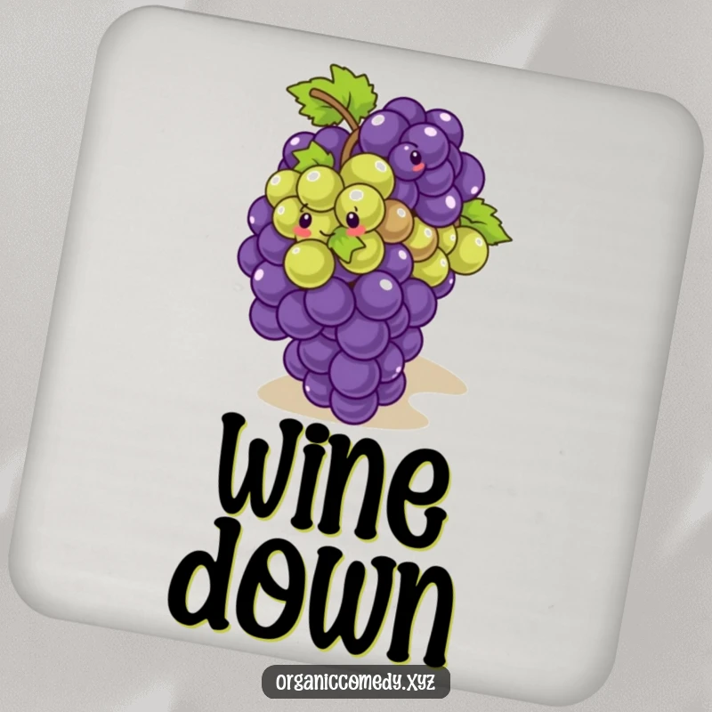Funny, giggling bunch of grapes playfully tumbling down a slope, featured on a humorous drink coaster.