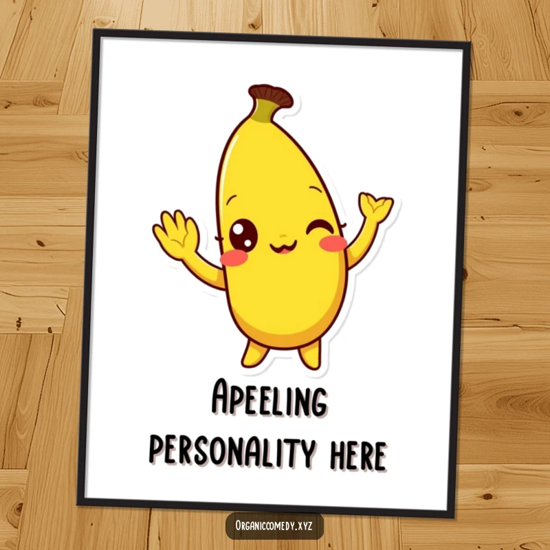 Funny, bright yellow banana character with eyes wide with mirth doing a silly wave, presented as vibrant wall art on a poster.