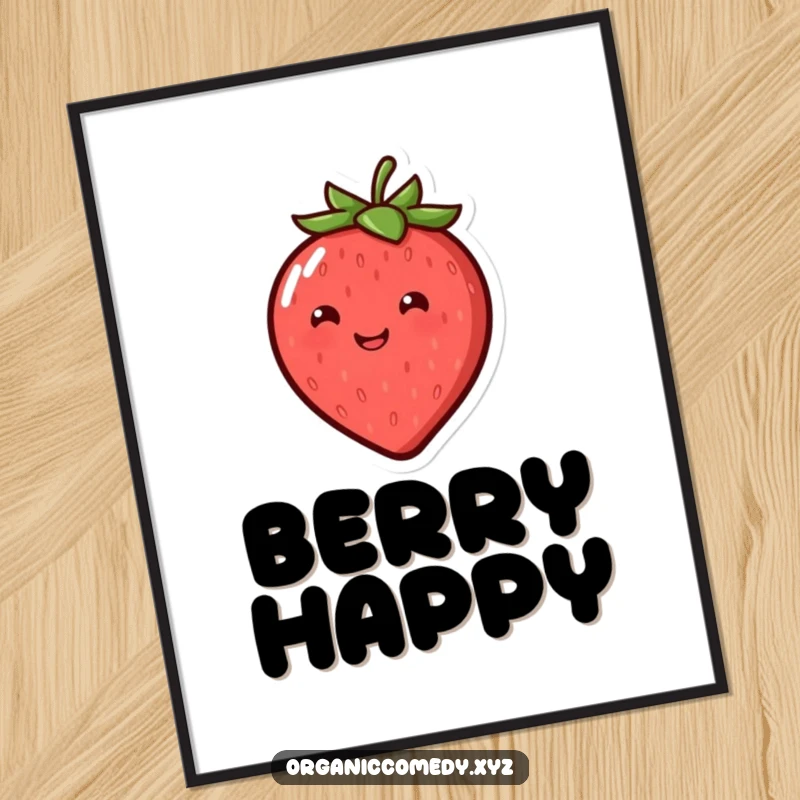 Funny, smiling, round strawberry character bouncing with happiness, presented as cheerful wall art.