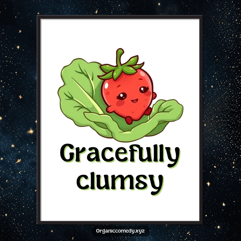 Funny poster featuring a bashful strawberry character tripping over a large lettuce leaf, showcasing a humorous food illustration.