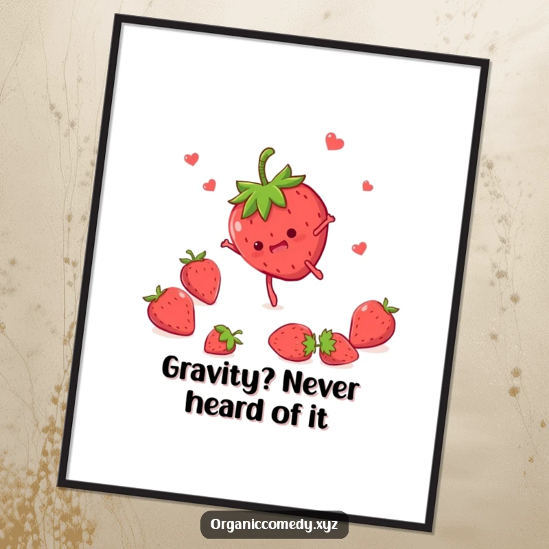 Funny strawberry character with tiny legs in a somersault pose, presented as vibrant and humorous wall art on a poster.