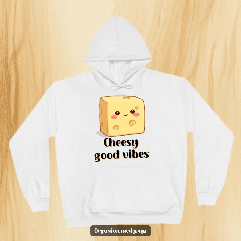 Funny Hoodie with a square, contented cheese block sporting tiny eyes, wiggling with infectious happiness, perfect for chilly days.