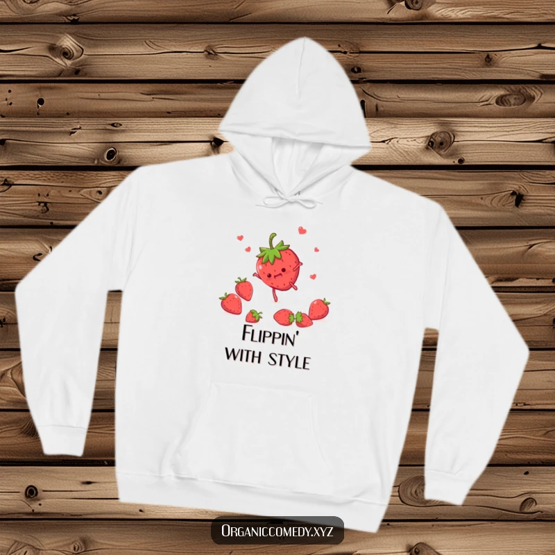 Funny strawberry character with tiny legs executing a somersault, depicted on a warm and cozy hoodie for ultimate comfort.