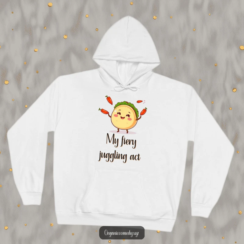 Funny smiling taco character with small legs juggling colorful chili peppers, a warm and humorous hoodie.