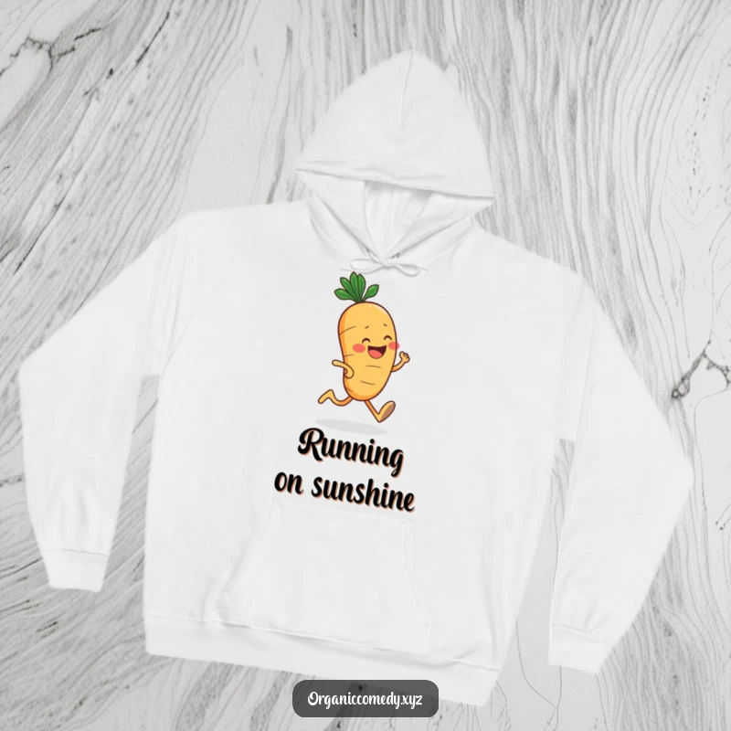 Funny, round carrot character with a big grin jogging enthusiastically, depicted on a soft and warm hoodie.