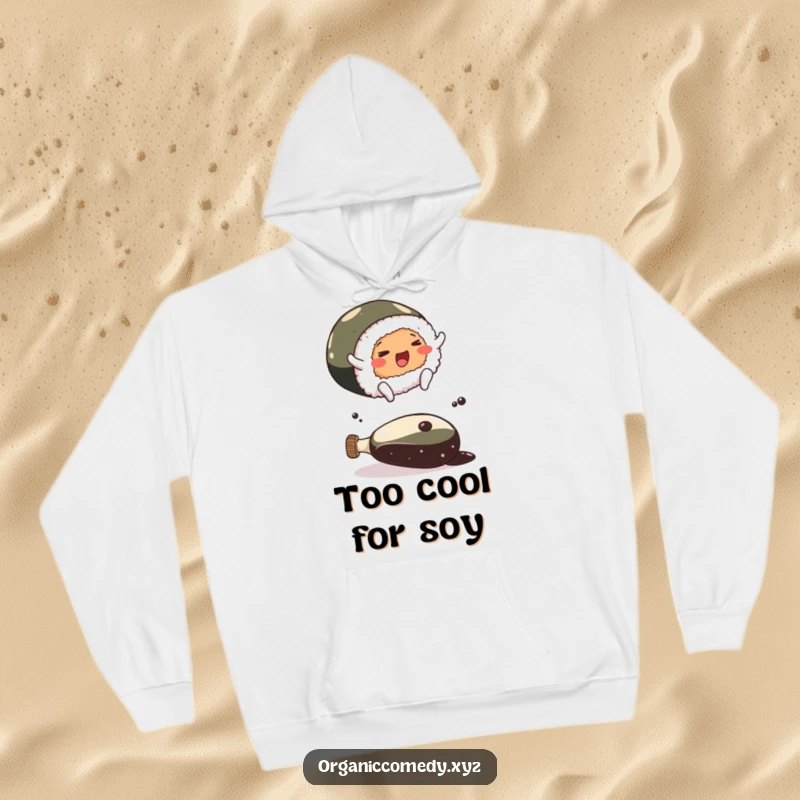 Funny cheerful sushi roll with tiny feet leaping over a giant soy sauce bottle, a warm and humorous hoodie.